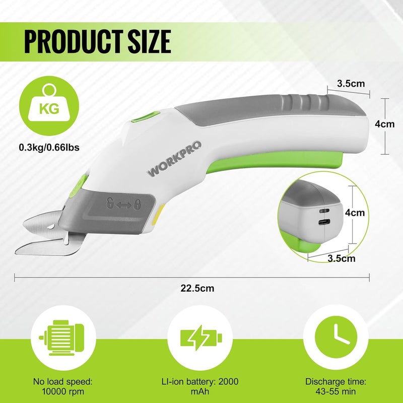 WORKPRO Cordless Electric Scissors with 2 Blades, 4V Rechargeable Powerful Shears Cutting Tool for Fabric, Leather, Carpet and Cardboard, Power Shears for Sewing, Scrapbooking, Crafting - Image 3